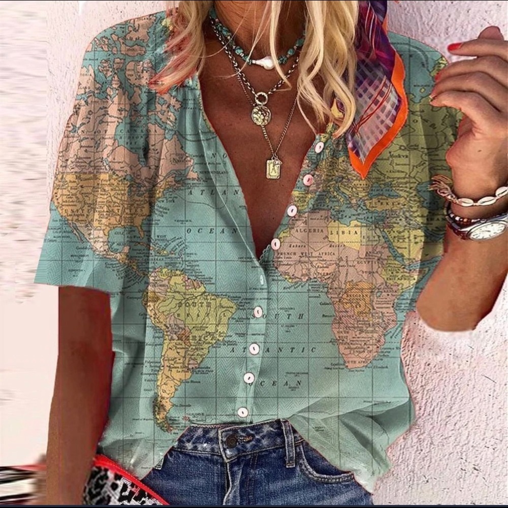 Misslook map of the world blouse top L wearable art
